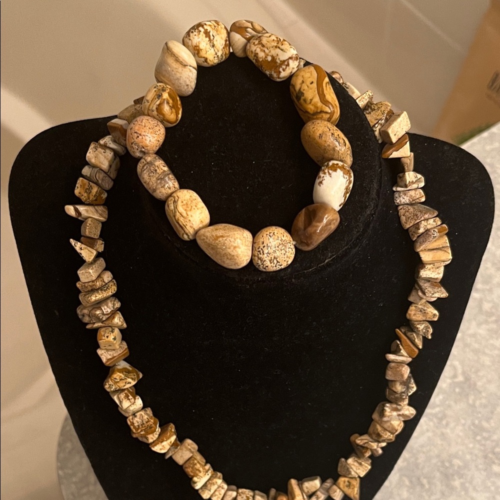 Picture Jasper Stone Beaded Necklace and Bracelet Set